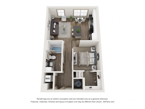 Floor plan for studio, 1 bath, 668 sqft